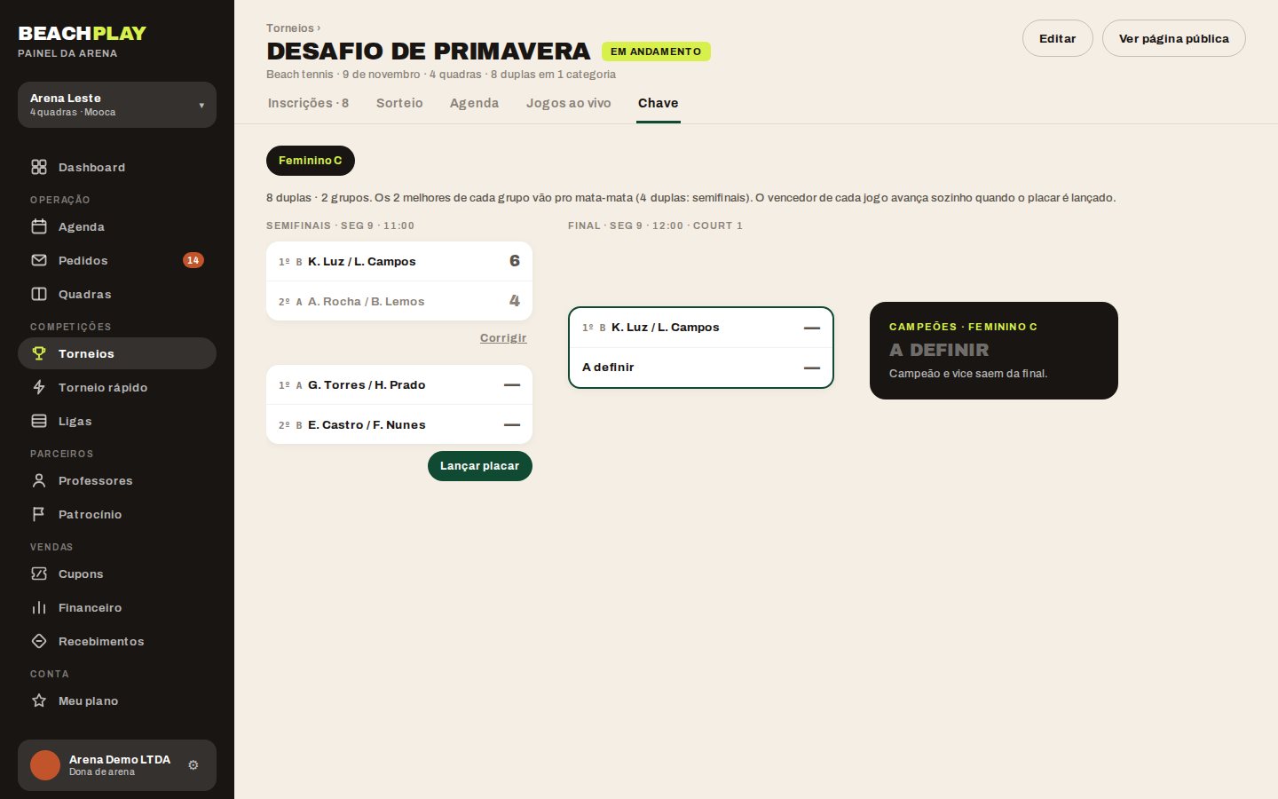 Painel da arena: chave do torneio com grupos e jogos